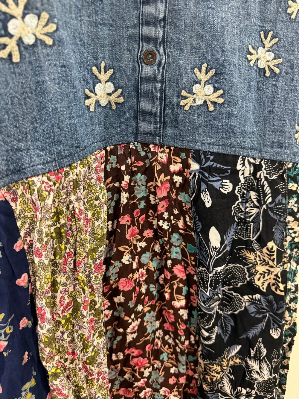 Young Threads Embroidered Denim Top Mixed Floral Patchwork Mini Dress Sz L - Picture 2 of 5